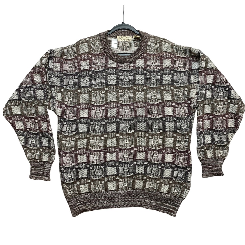 Cotton Traders Sweater Mens XL Brown Geometric 3D Textured Knit Crew Neck Vtg